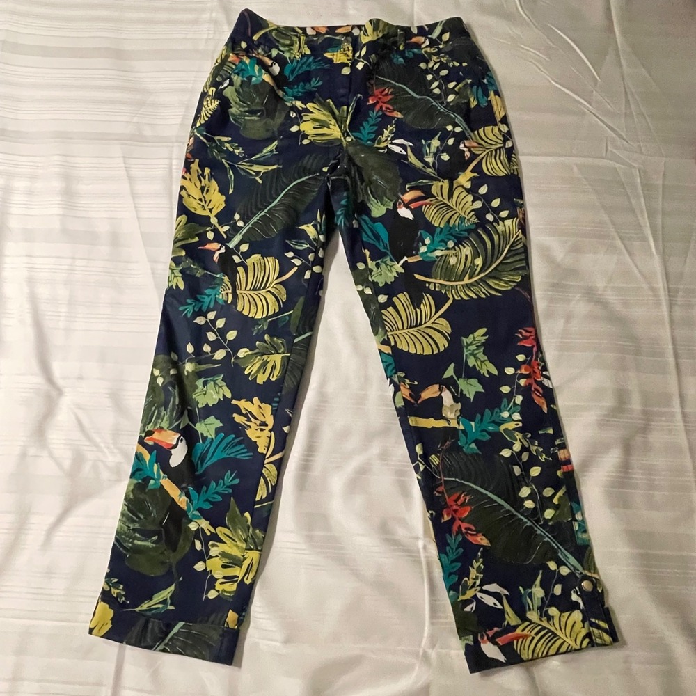Chicos Brigitte So Slimming Tropical Palm Toucan Print Petite Ankle Pants 0.5P 6